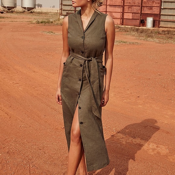 Country Road Dresses Country Road Organic French Linen Khaki Green